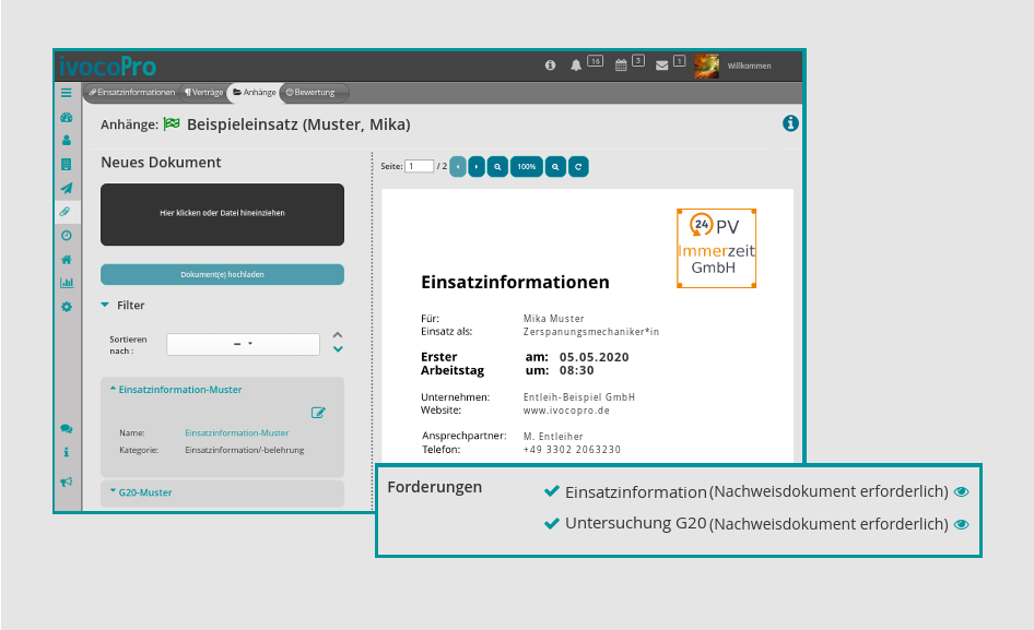 ivocoPro-Screen der Übersicht von Einsatzanhängen und entsprechenden erfüllten Forderungen